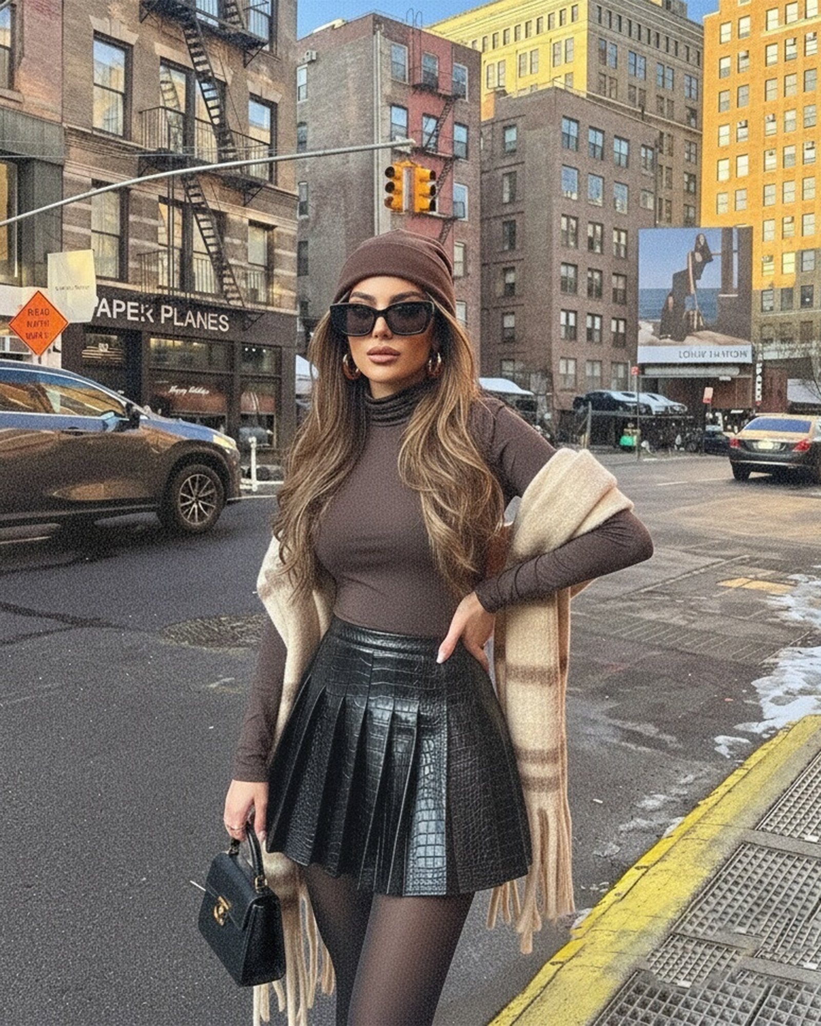 Model wearing the black croc-embossed pleated skirt with a brown top and scarf on a city street.
