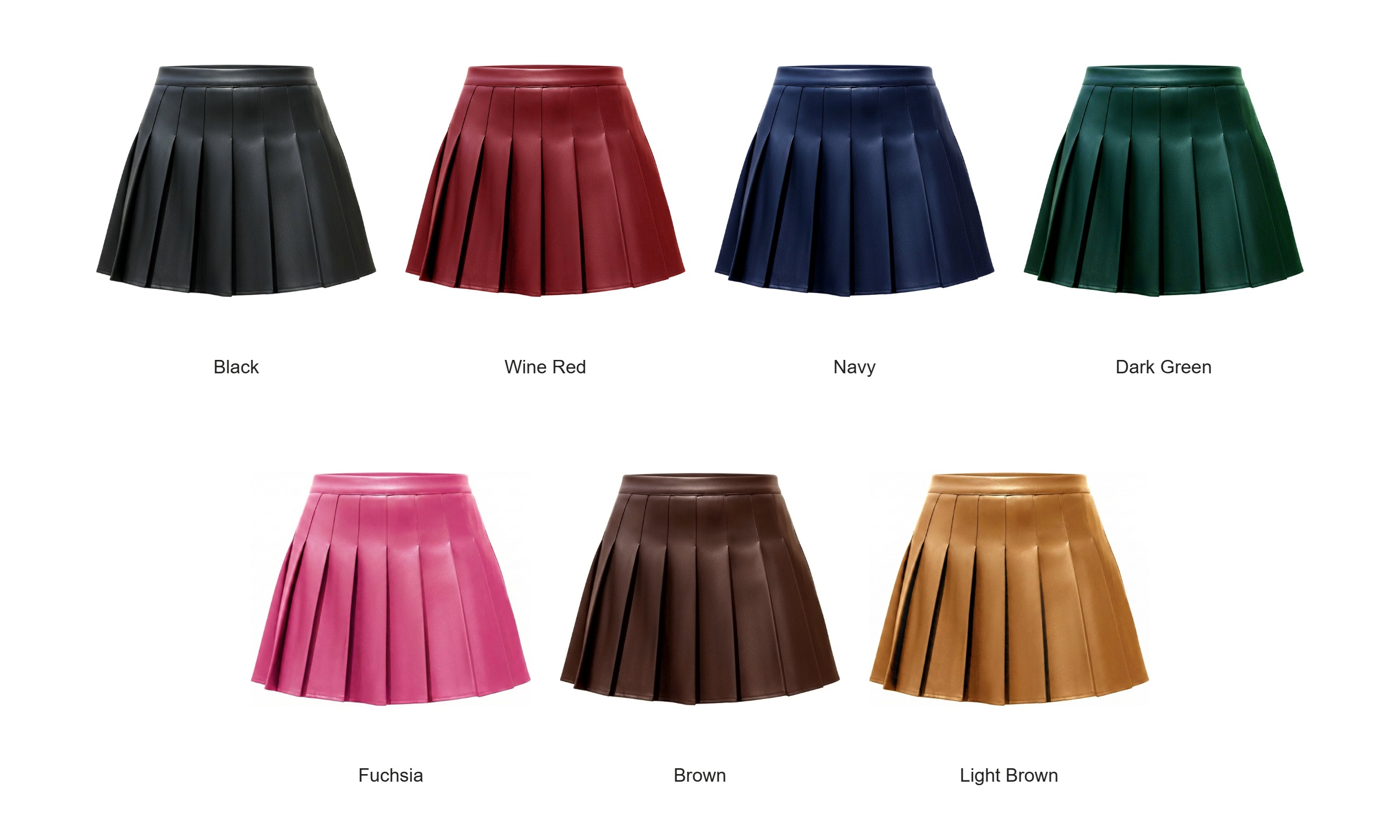 Seven EASISIM pleated mini skirt colors: Black, Wine Red, Navy, Dark Green, Fuchsia, Brown and Light Brown.